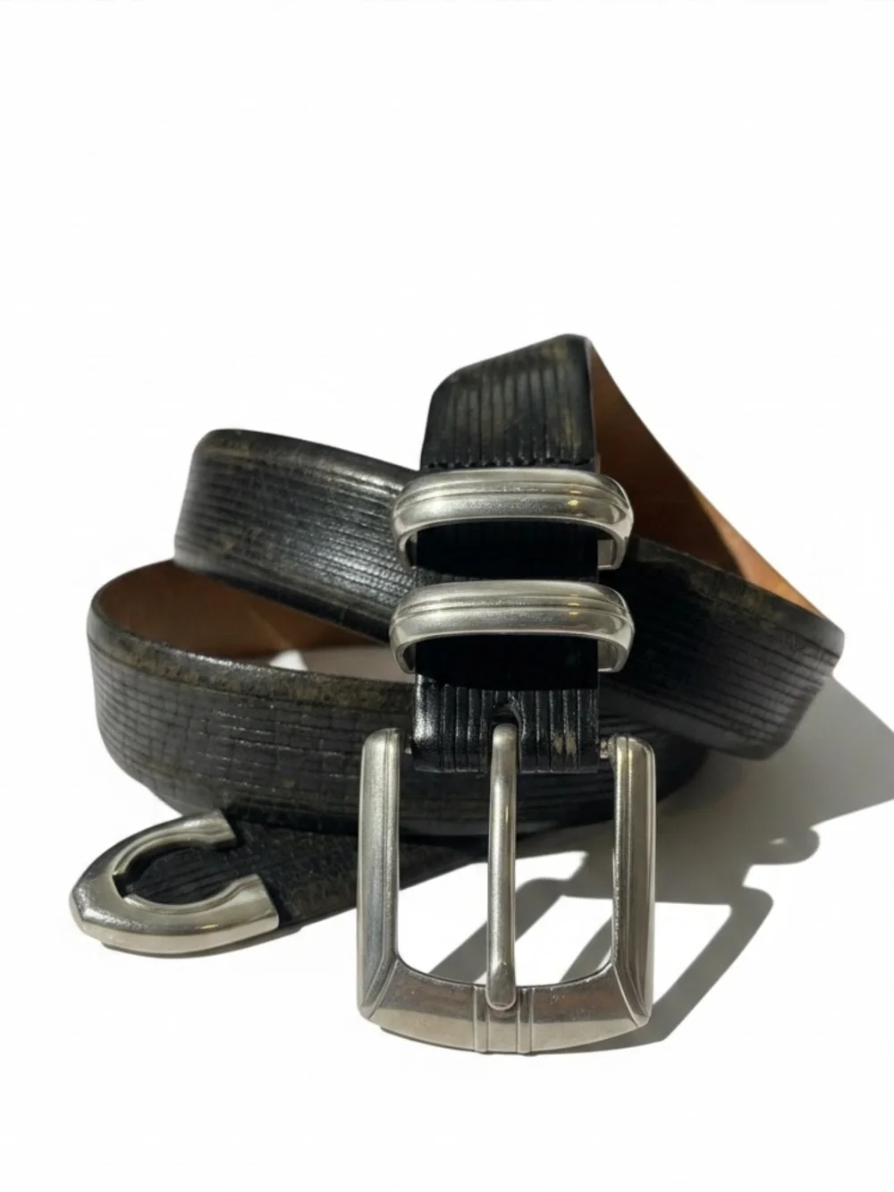 Cale Black Leather Western Silver Brass Tip And Buckle Belt Mens Sz 36 Spain